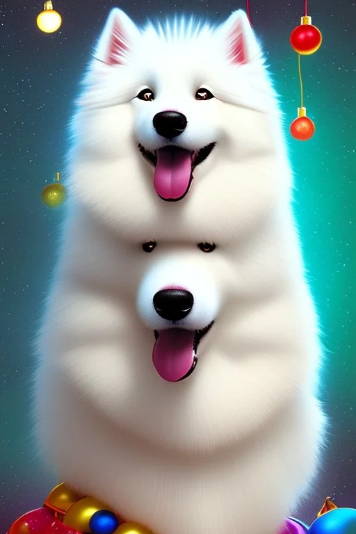 Cute, fluffy, happy looking white Samoyed dog, colorful, festive atmosphere, detailed, congratulating