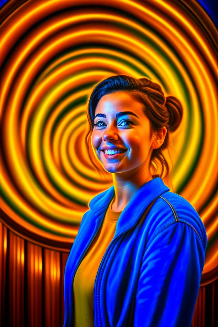 awake inside a game show, woman smiling online in the style of a master italian painter, spray paint, photo realism, trending on art station, 8k, depth of field, down light, light rays, volumetric, reflective spiral staircase, blue, yellow, golden brown and orange