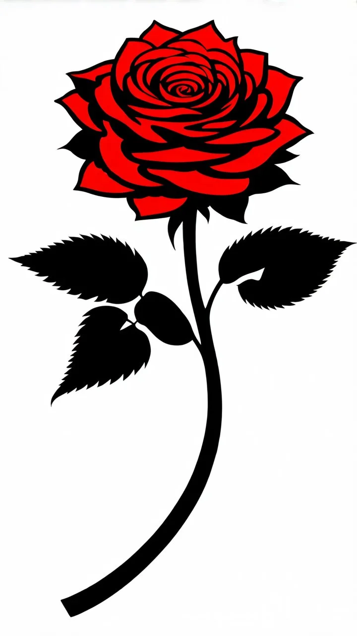a rose where the stem and leaves(black) is made of smoke, and the flower(red) is made of flame shapes that spiral in the middle, vector in a hotrod and tattoo style