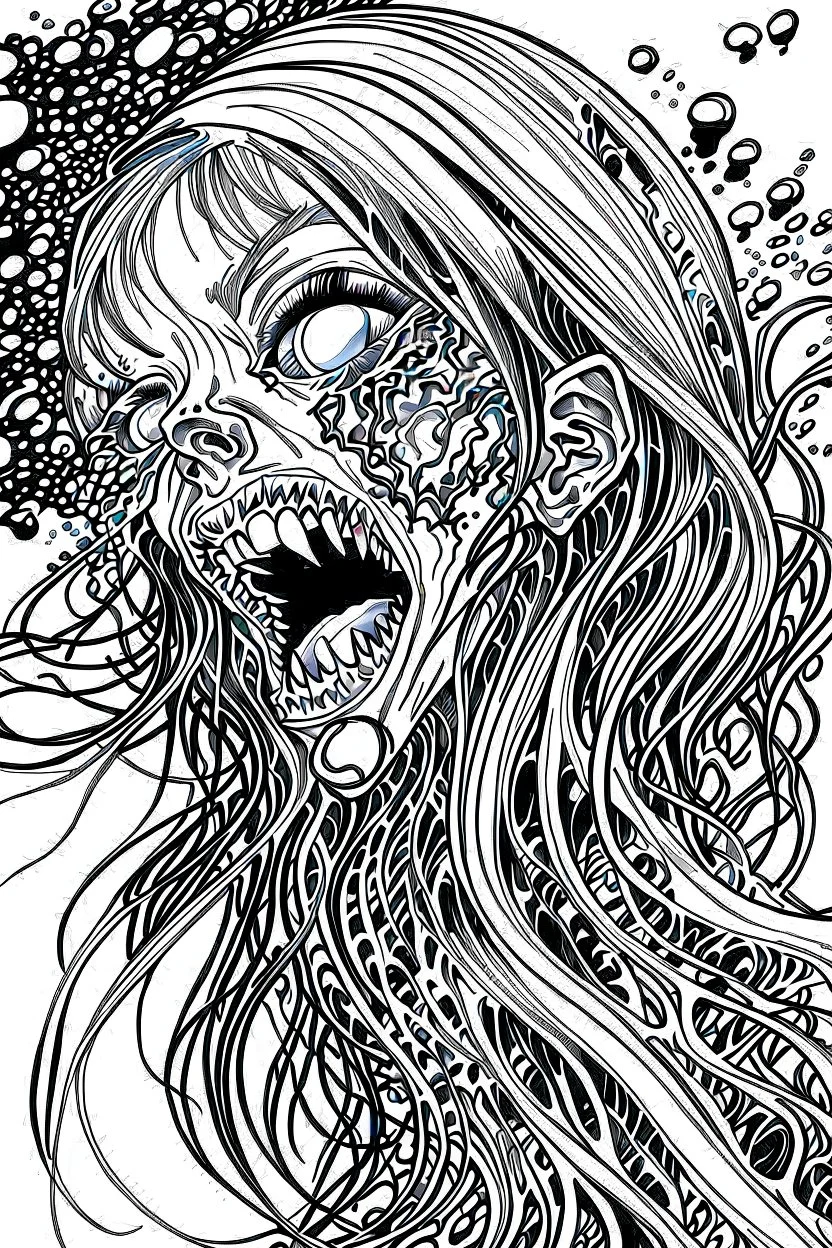 inked colorless illustration of a malevolent shape shifting female Funayurei water ghost with highly detailed facial features and skin textures, in the style of Alex Pardee , Jean Giraud Moebius, and Katsushika Hokusai, highly detailed, boldly inked,