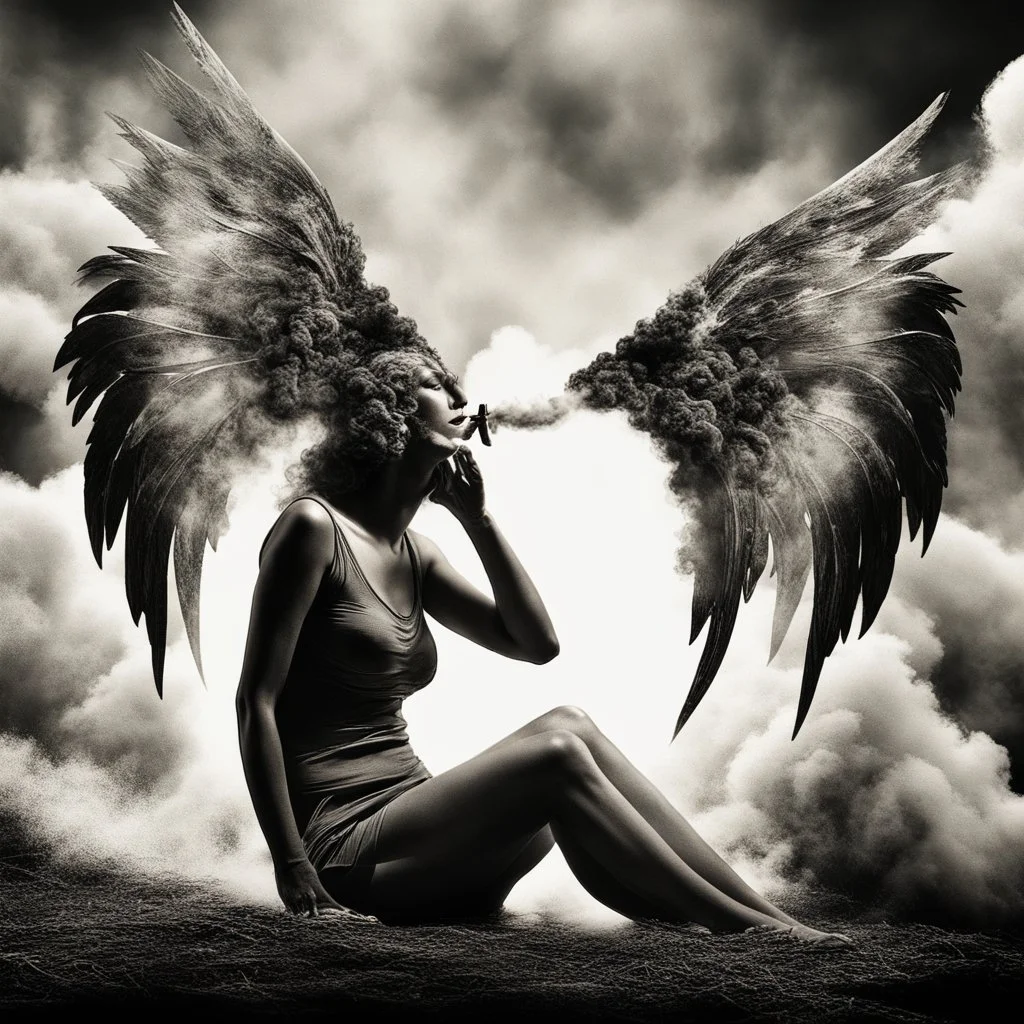 woman sitting forward Her face upward and blows cigarette smoke from their mouth upward. a figure with wings emerging from its back. behind the clouds of smoke look death. dark and mysterious