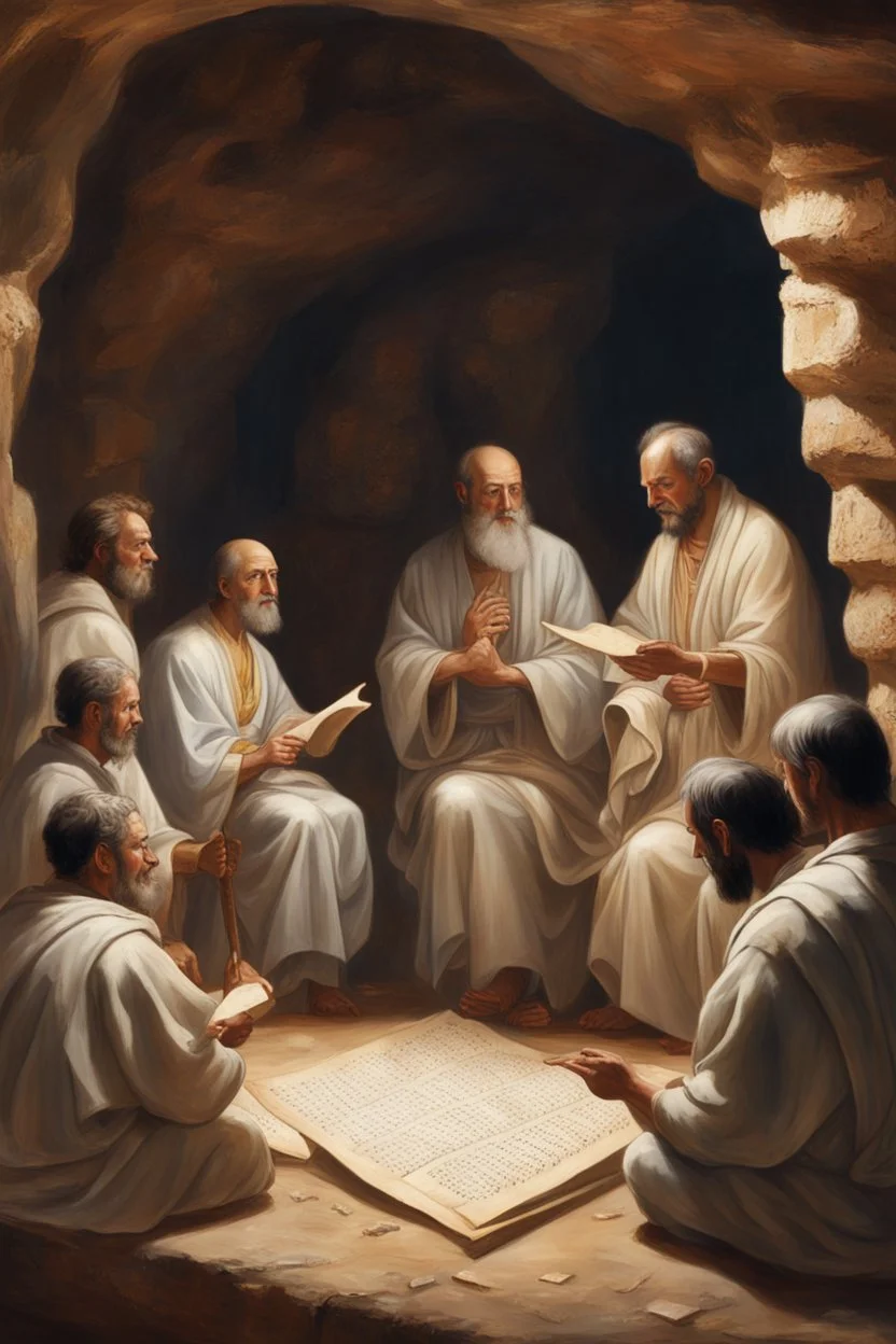 Several Christian priests of the 1st century AD are sitting in a cave and actively arguing and gesticulating, each holding a scroll of Ancient Scripture, on a wooden table in front of them there are many ancient scrolls, all painted with oil paintings in high resolution, in 8k.