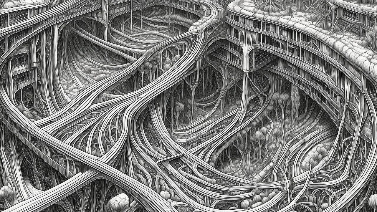 Vast, intricate landscape of organic, interwoven structures. Detailed, meticulous black and white drawing, showcasing a dense, labyrinthine network. Complex, surreal architecture composed of contorted, flowing forms resembling twisted organic matter. Perspective is from a high angle, looking down on a desolate, overgrown cityscape. High degree of detail in texture and form, with a focus on intricate patterns. A sense of decay and otherworldly ambience pervades the scene. Atmosphere is dar