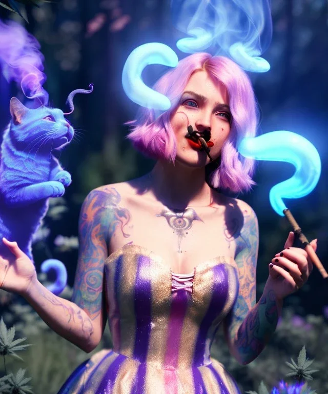 Ultra realistic wonderland photo, happy blonde woman smoking a shisha, blue dress, purple-cat friend, circus dress style, old school tattoo, smoke, marijuana garden, glow eyes, perfect iris, soft color, highly detailed, unreal engine 5, cinematic, ultra detail, volumetric lighting, high definition.