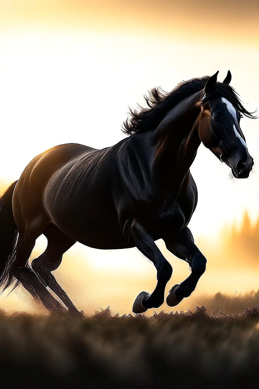 A black horse galloping towards the sunrise on a sunlit field. The horse is running at full speed, its mane and tail flowing in the wind. The sun is rising in the background, casting a warm glow over the scene