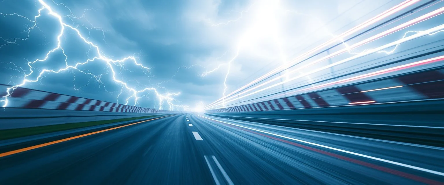lightning and electricity streaming across composition left to right, behind is a bunch of racing inspired stripes to convey speed
