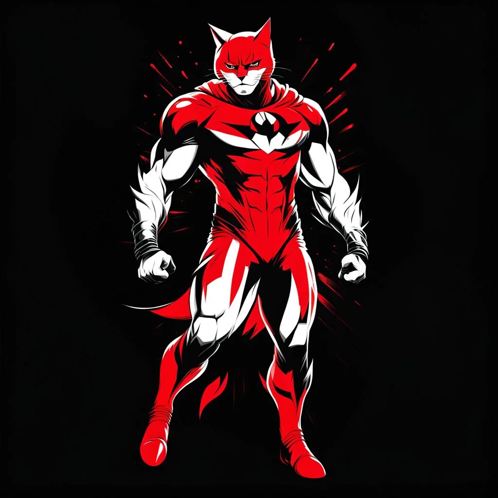 Catman art illustration black background red and white color full body