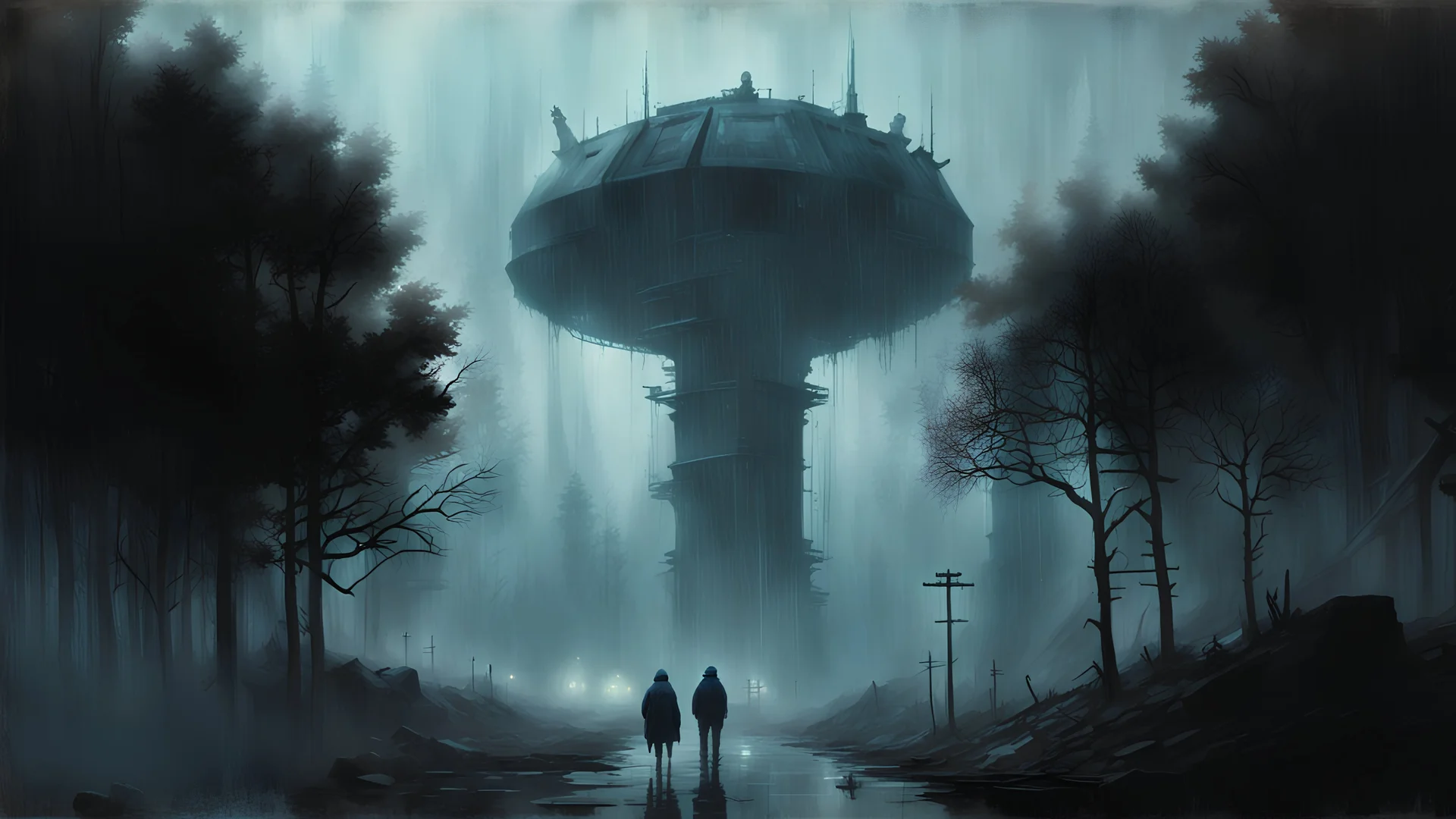 Silent Hill revisited, dense fog, a post apocalyptic techno gothic noir, gritty dystopian living, harsh landscape, science fiction LO-fi painting, (Simon Stålenhag, Denis Sarazhin, Alex Colville), Christopher Shy, Minoru Nomata, Alejandro Burdisio, Romain Trystram, Quint Buchholz, ominous sky, retro-futuristic, infected, hazmats, glow eyes, gas masks, strange, RAW, gritty, high contrast,, techno analog gothic, grim overtones, ominous sky, vivid colours, sinister vibes, dusty, blizzard weather