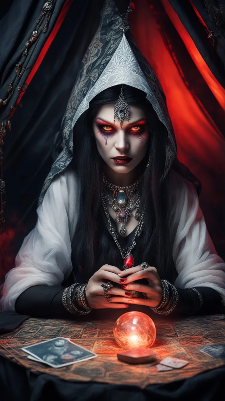 Hyper Realistic photographic-view of Wicked-&-Beautiful-Fortune-teller-with-glowing-red-eyes wearing black-beed-necklace-&-bracelet angrily Looking at her crystal-ball glowing magically & sitting in her tent with a horrifying-black-cat at dark-night decorated with fancy-traditional-feathers, tarot-cards-&-glowing-crystals showing dramatic & cinematic ambiance