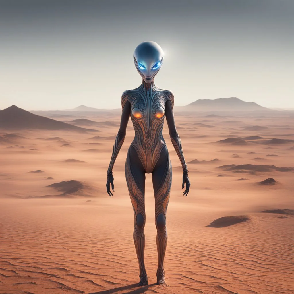 Amidst the desolate landscape, a female alien emerged from the shimmering heat haze. Her form was unlike anything seen on Earth, yet strangely captivating. Multiple eyes, each a different hue, scanned the horizon with the precision of advanced sensors. As she moved across the barren terrain, her movements were fluid and graceful, Each limb moved with purpose, adjusting her trajectory across the sandy expanse. Occasionally, she would pause, Her communication came not in words, but in pulses of li