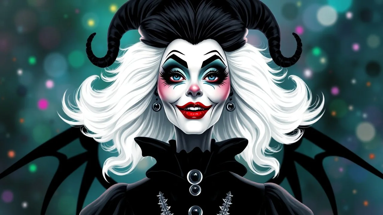 Create Cruella with black and white hair and fairytale multicoloured background