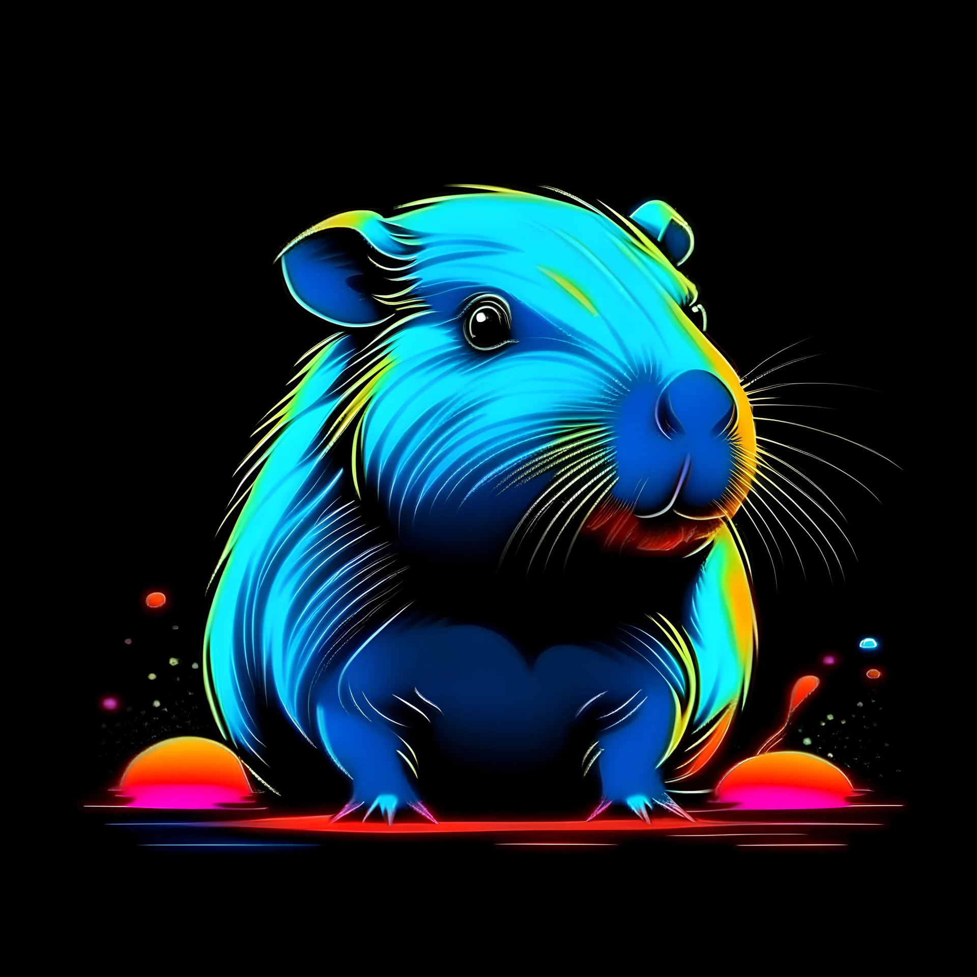 cute capybara in neon blue, white and gray colours melt lava circle in black background