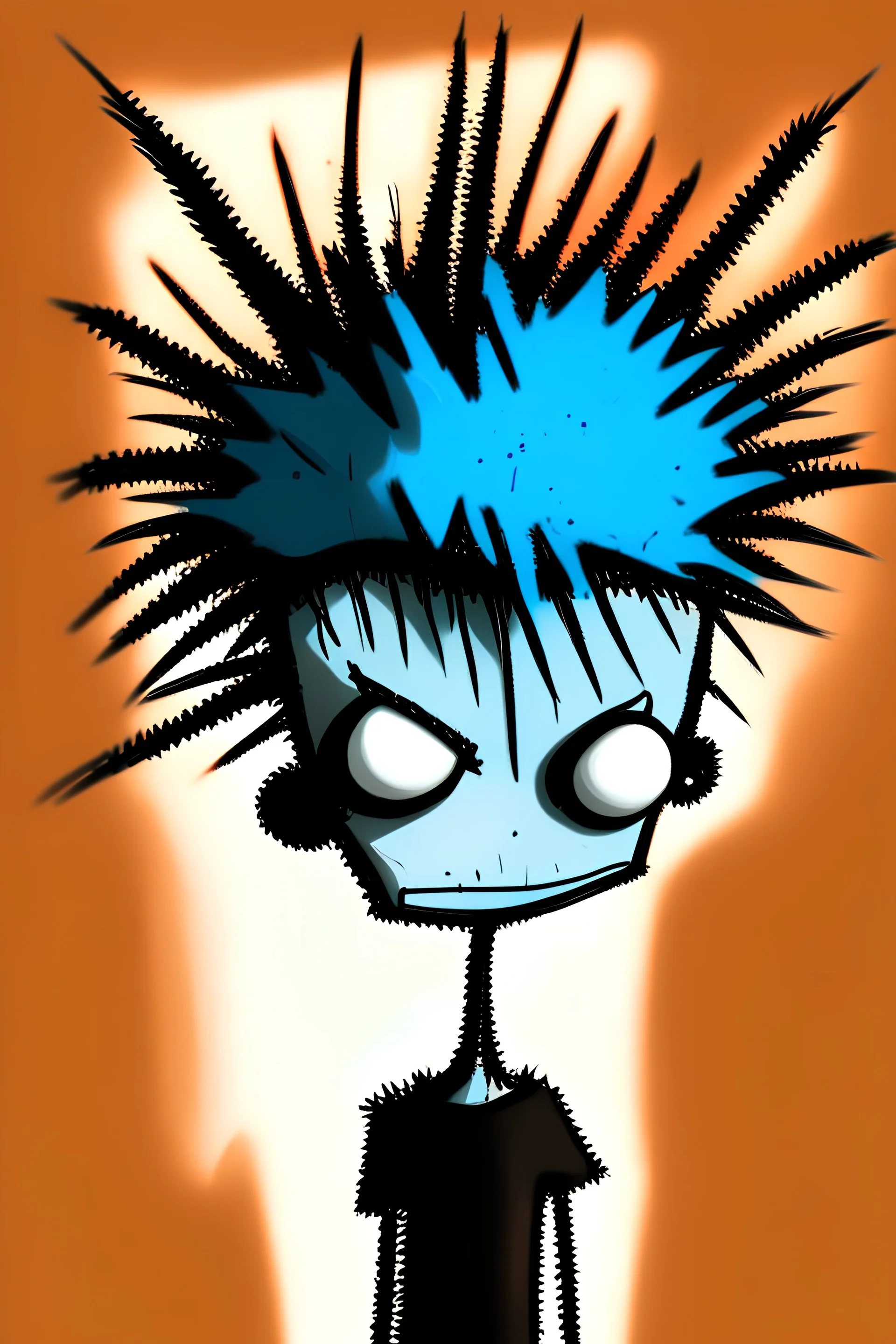 2d drawing of a stickman, cool with punk hair, x eyes like in hangman, sunbading,3d realistic in colour