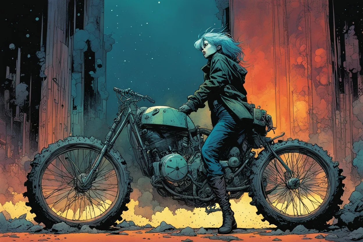 create a hardened punk bike girl in the comic book art style of Mike Mignola, Bill Sienkiewicz and Jean Giraud Moebius, , highly detailed,, grainy, gritty textures, , dramatic natural lighting