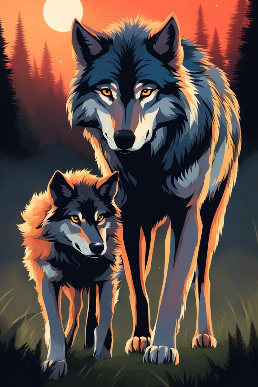 large wolf holding a smaller wolf by the scruff