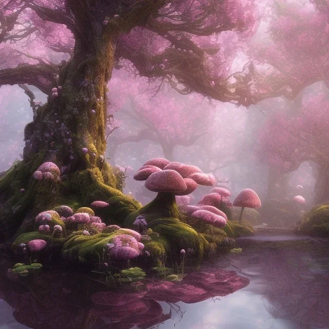 high-quality, fine-detail beautiful, breath-taking forest with gnarled trees, pink flowers and mushrooms, clear reflective lake, tranquil, stunning, 8k resolution, trending on artstation, dreamworks, volumetric lighting unity engine