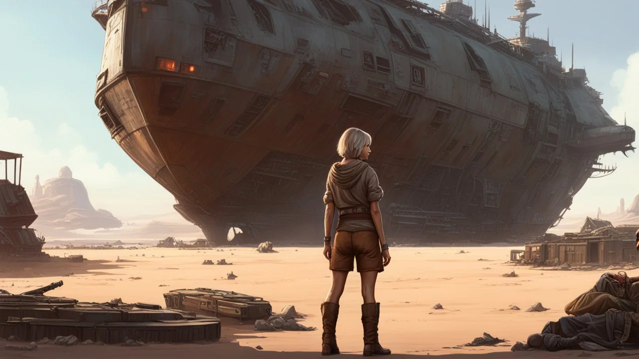 Concept art. Medium shot. skinny 50-year-old woman in brown shorts, shirt, and boots, standing next to a Star Wars cargo ship, sitting in a derelict alien town. Best quality.