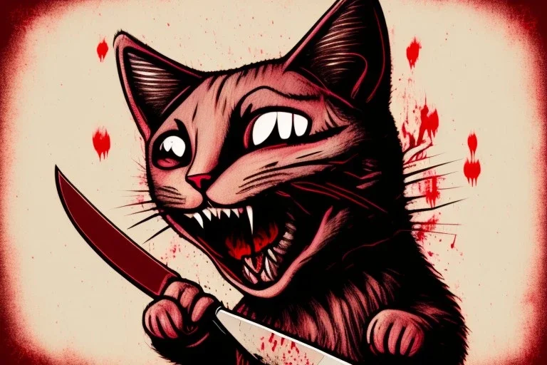 Cat diabolical smiling with a bloody knife with blood. Illustration.