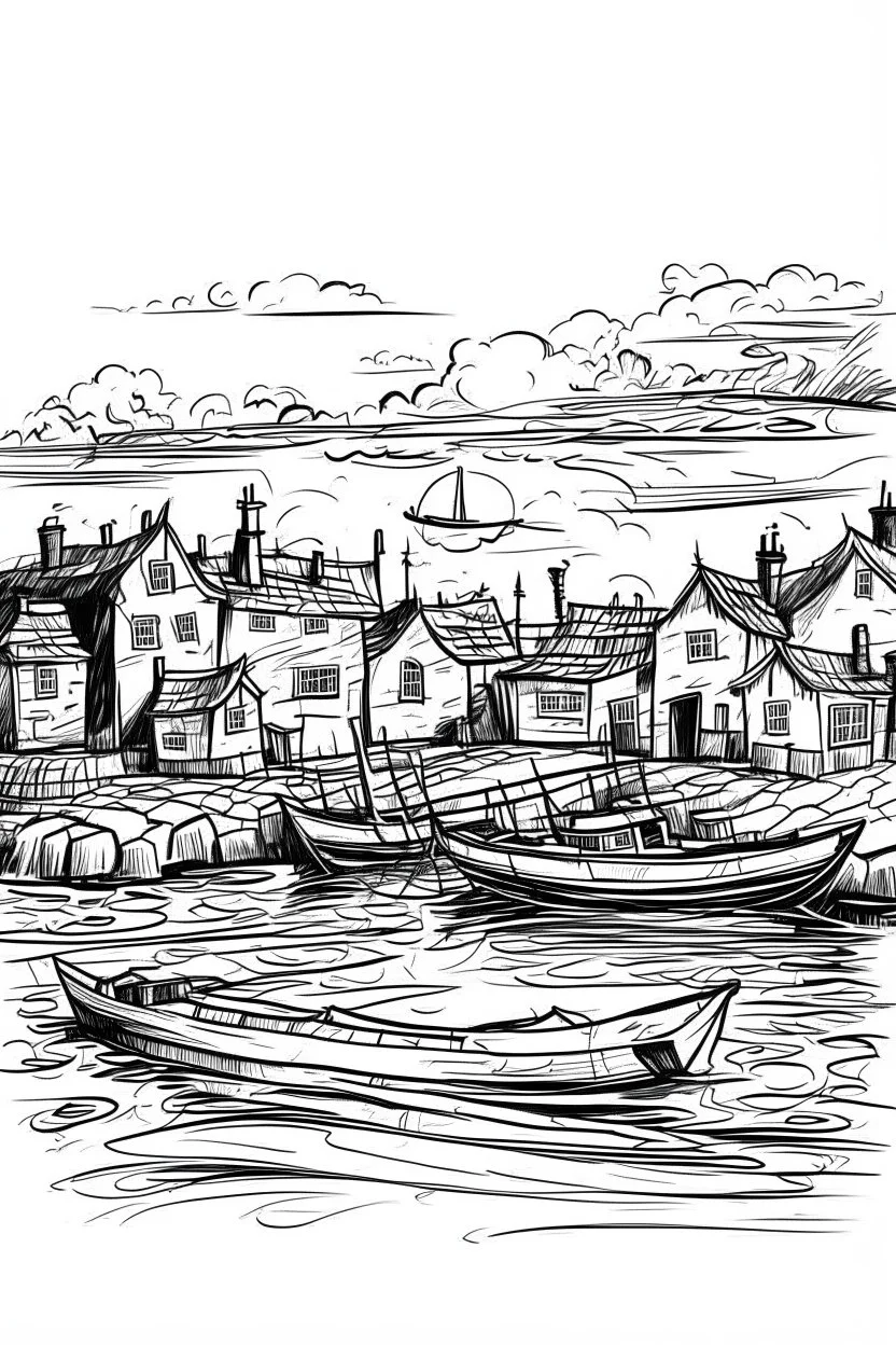 English fishing village blotchy ink minimalist loose outline sketch in blotchy thin lines