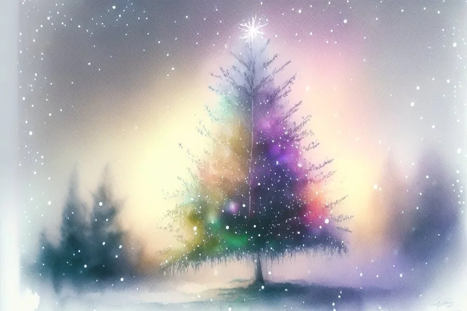 Christmas tree in the backyard, snowing, coloured bioluminescent light strings, misty evening, sunset smooth intricate beautiful lighting pencil sketch watercolor polished Soft focus warm light watercolor and ink