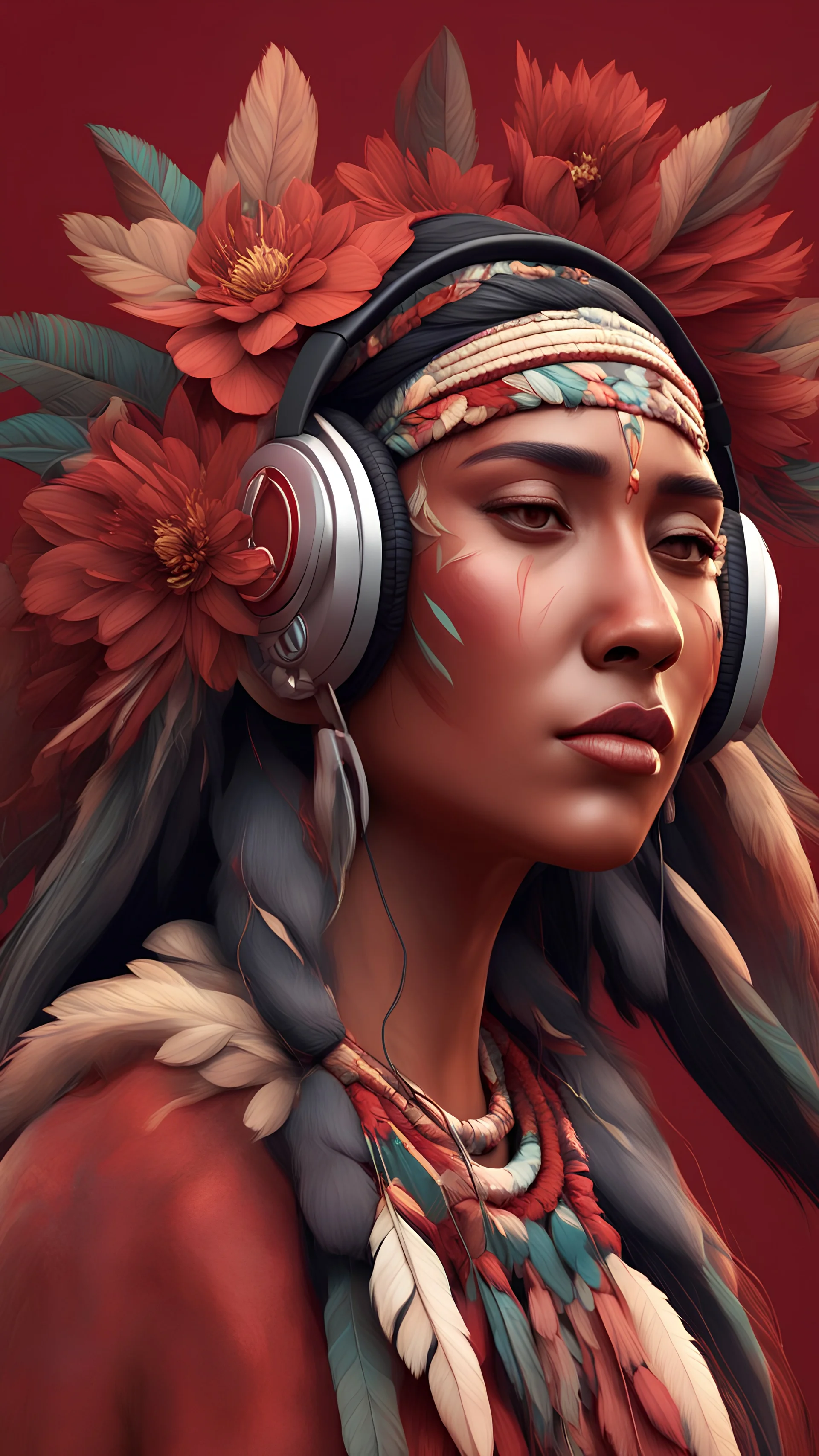3D illustration of native americans woman with headphones on and a deep red background with flowers, illustration, smooth 3d digital art, exquisite thee-dimensional rendering, 4K, blender, c4d, octane render , disney style 3d light, Zbrush sculpt, concept art, Zbrush high detail, pinterest Creature Zbrush HD sculpt, neutral lighting, 8k detail