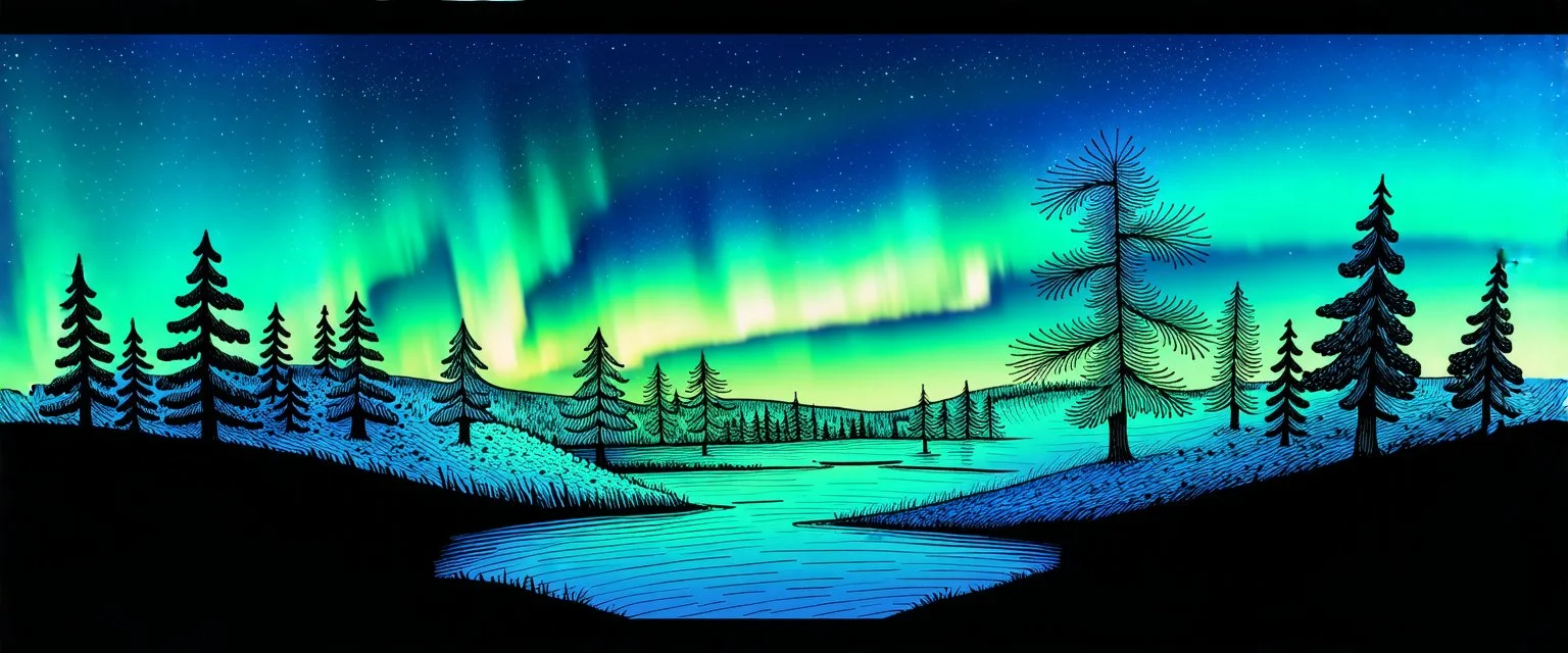 northern lights on the top right and left with a thin section joining then through the middle. below are trees and water. whimsical hand drawn style. line drawing with muted color