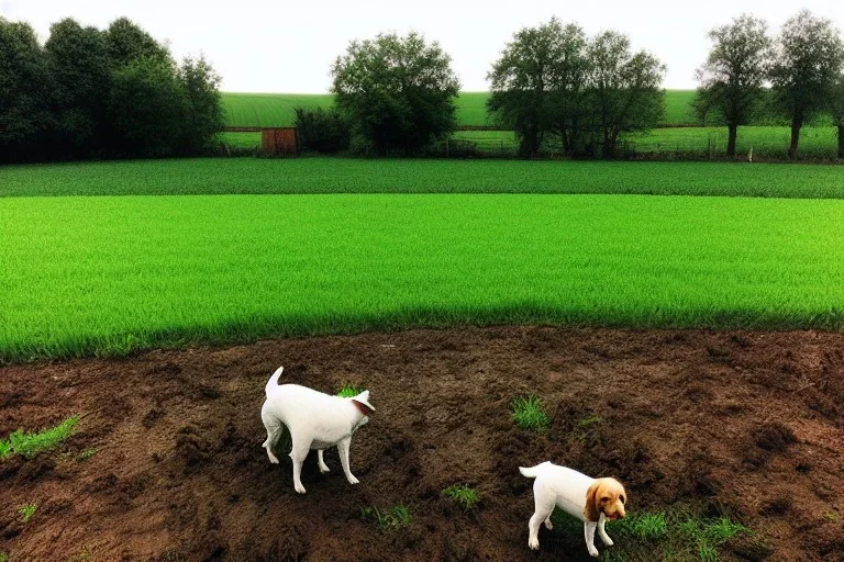 Photograph. Technological singularity. Post-apocalypse utopia. Machine, fake smile, staring eyes. Milky white lay figures torso on the ground. Grass, mud. dirt. Dog sniffing the torso. An yard of a farm is in the Background. Puddles.