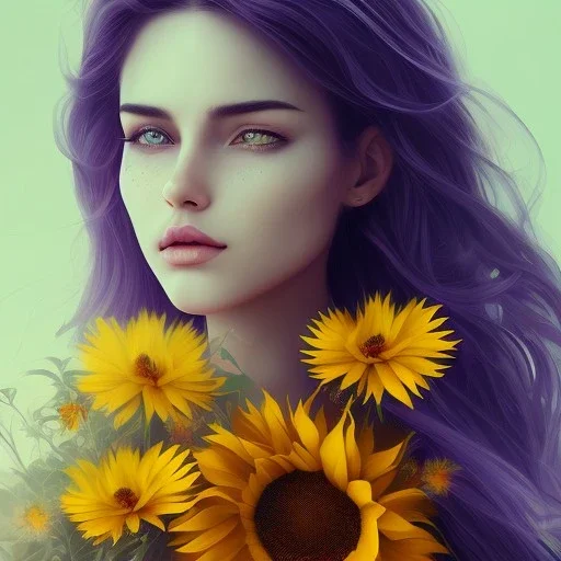 heliotrope, morning glory, sunflower, coreopsis, marigold, woman, beautiful face, long hair