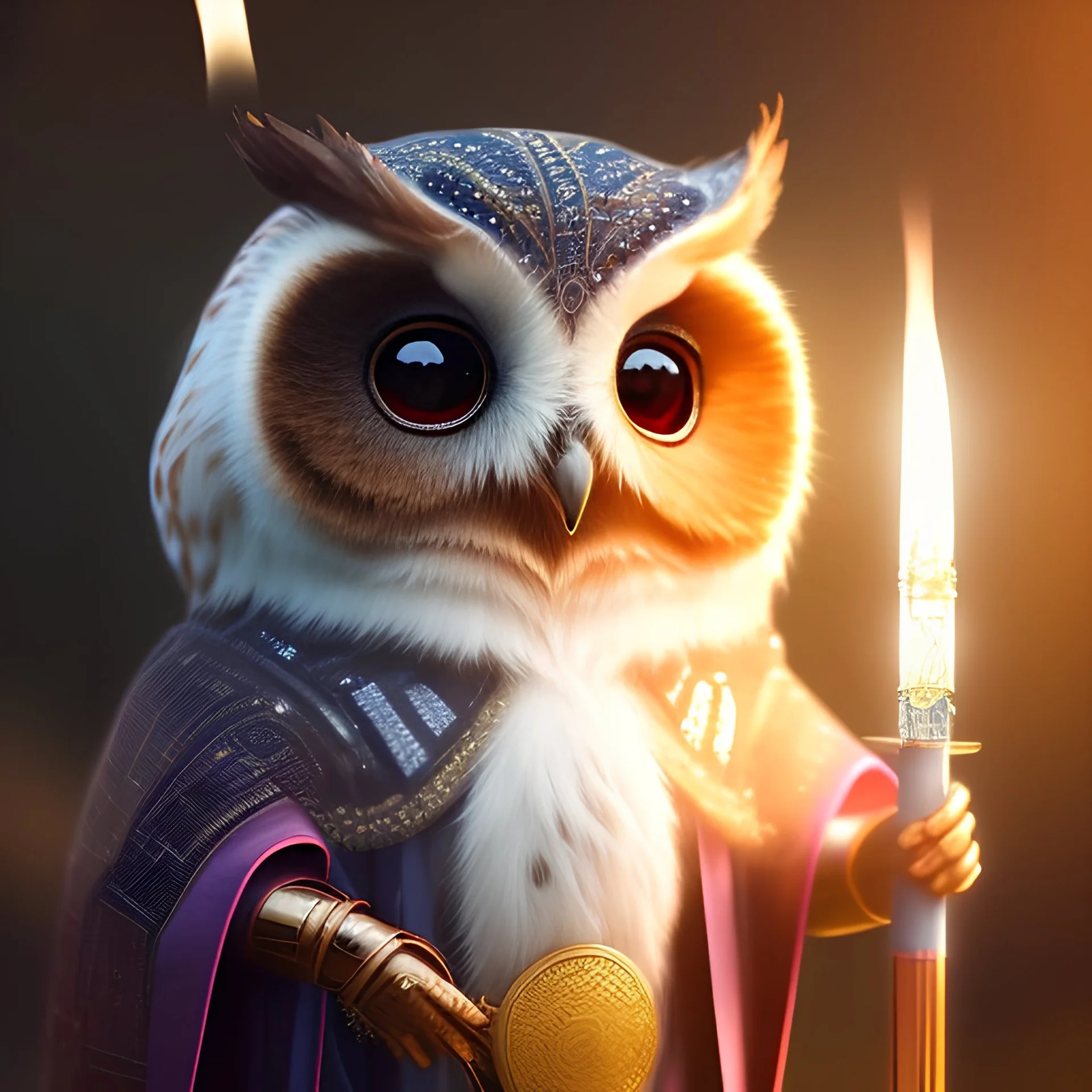 a cute litte owl wearing Hanfu, holding a large candle, BK complex detail, cinema, reality, detail, octane rendering, stoic cinematic 4k epic detailed photograph shot on kodak detailed bokeh cinematic hbo dark moody 8k, 85mm f/16 by leica