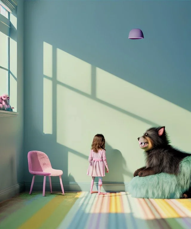 Realistic child room scene. sweet big furry monster sitting. girl from behind. Steven Spielberg style. Red hair, smile, happy, gradient color fog. highly detailed, concept art, unreal engine 5, ray tracing, RTX, lumen lighting, ultra detail, volumetric lighting, 3d, finely drawn, high definition, high resolution.