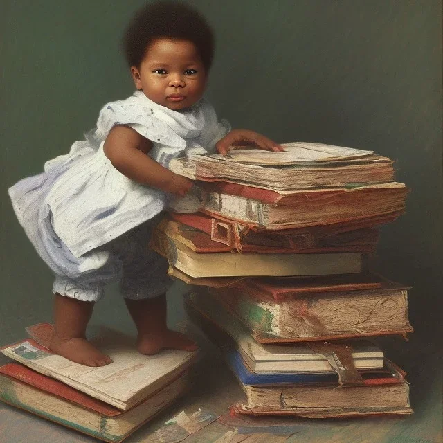 African American baby boy on pile of books by Monet