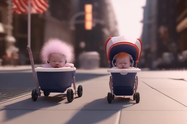  Looking diwn at a baby Who looks like donald trump in a Baby carriage wearing a bonnet on the sidewalk in new york city