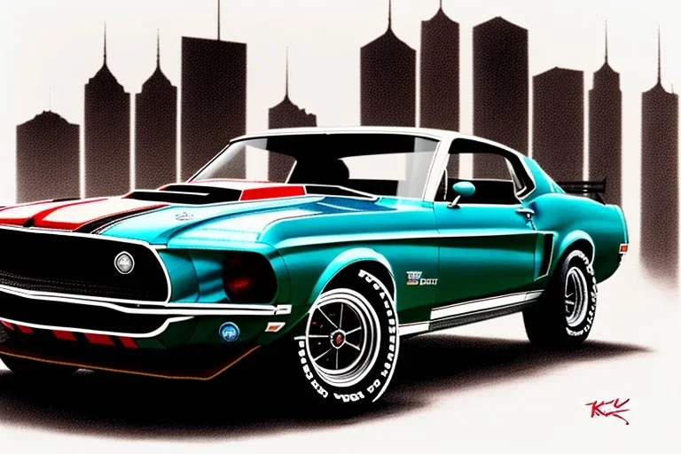 a true-to-life 1969 Ford Mustang Boss 302, centered, intricate, extreme detailed, photorealism, center view, city background, pivot on ford, pen and color marker, painting by cheryl kelley