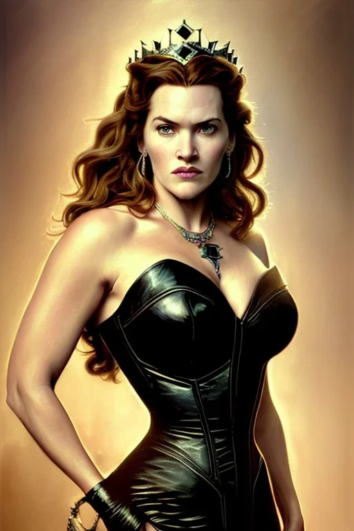 painting of kate winslet as evil queen in black leather gown, feminie, angry, stern look on her face, volouptous, busty, cleavage, emperious, mature, highly detailed, digital painting, artstation, concept art, smooth, sharp focus, illustration, art by gaston bussiere and alphonse mucha