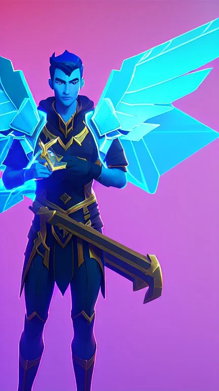 a human male with blue short hair and blue wings in assymetrical armor with geometric patterns and a book in hand, geometric wings