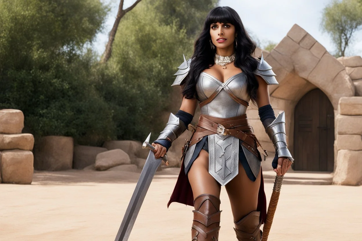 Jameela Jamil at the good place as a barbarian warrior with boots, her armour is made of linen and leather with pikes, she holds a menacing weapon