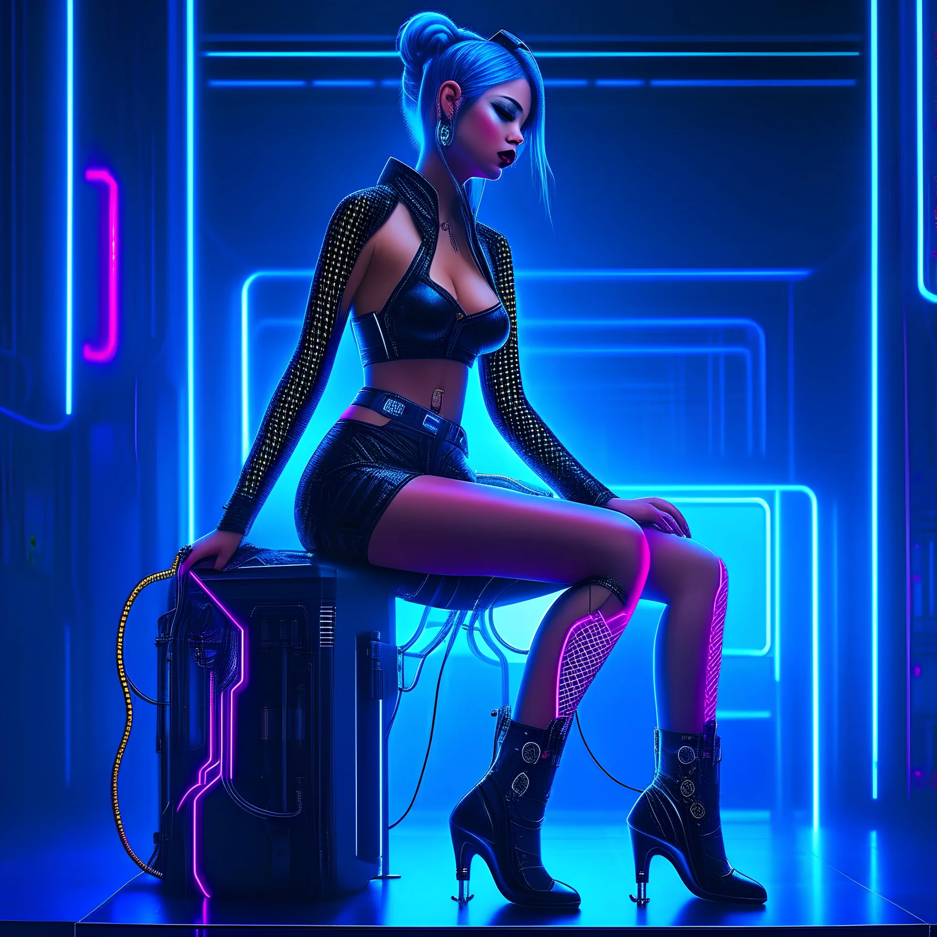 Cyberpunk pin-up girl with cyber legs