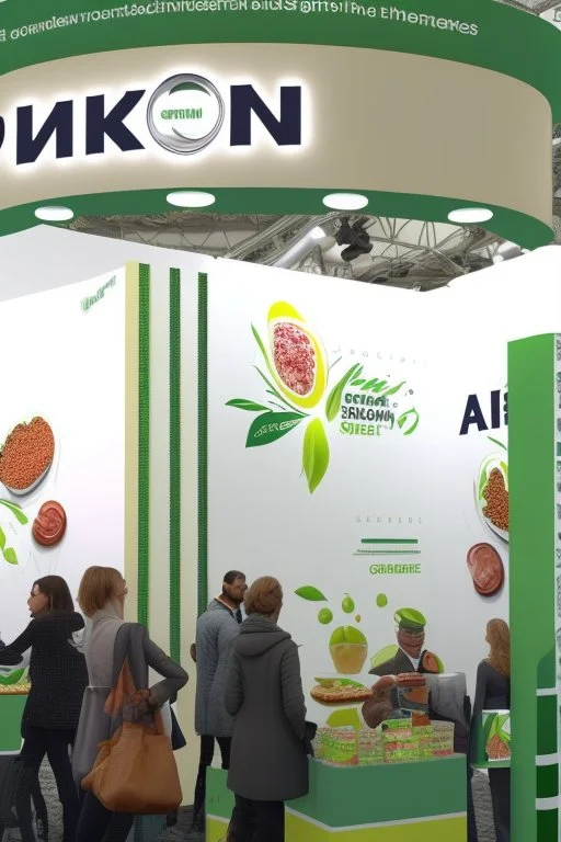 Corner green exhibition stand of a food company with product displays and a meeting area