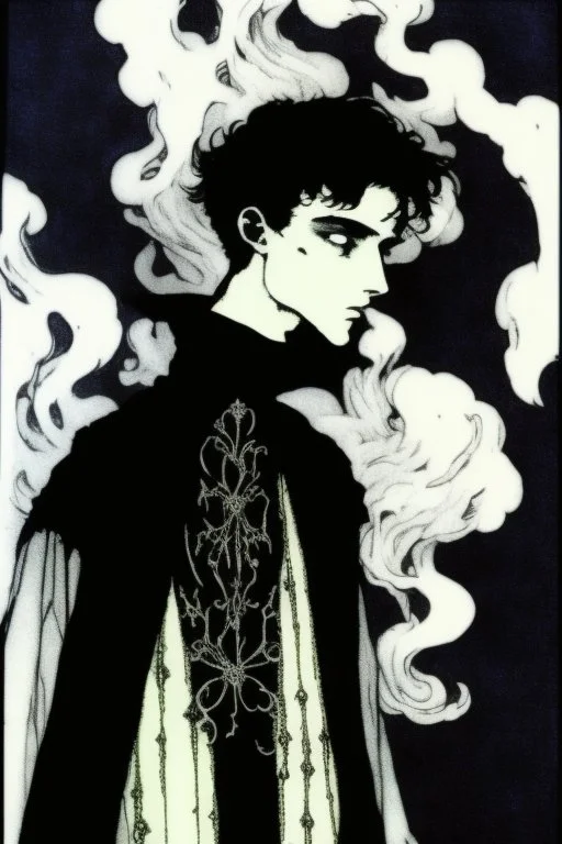 17 year old boy, necromancer, friendly, looks dead, surrounded by weird smoke with eyes, wearing black robes, in the style of Harry Clarke