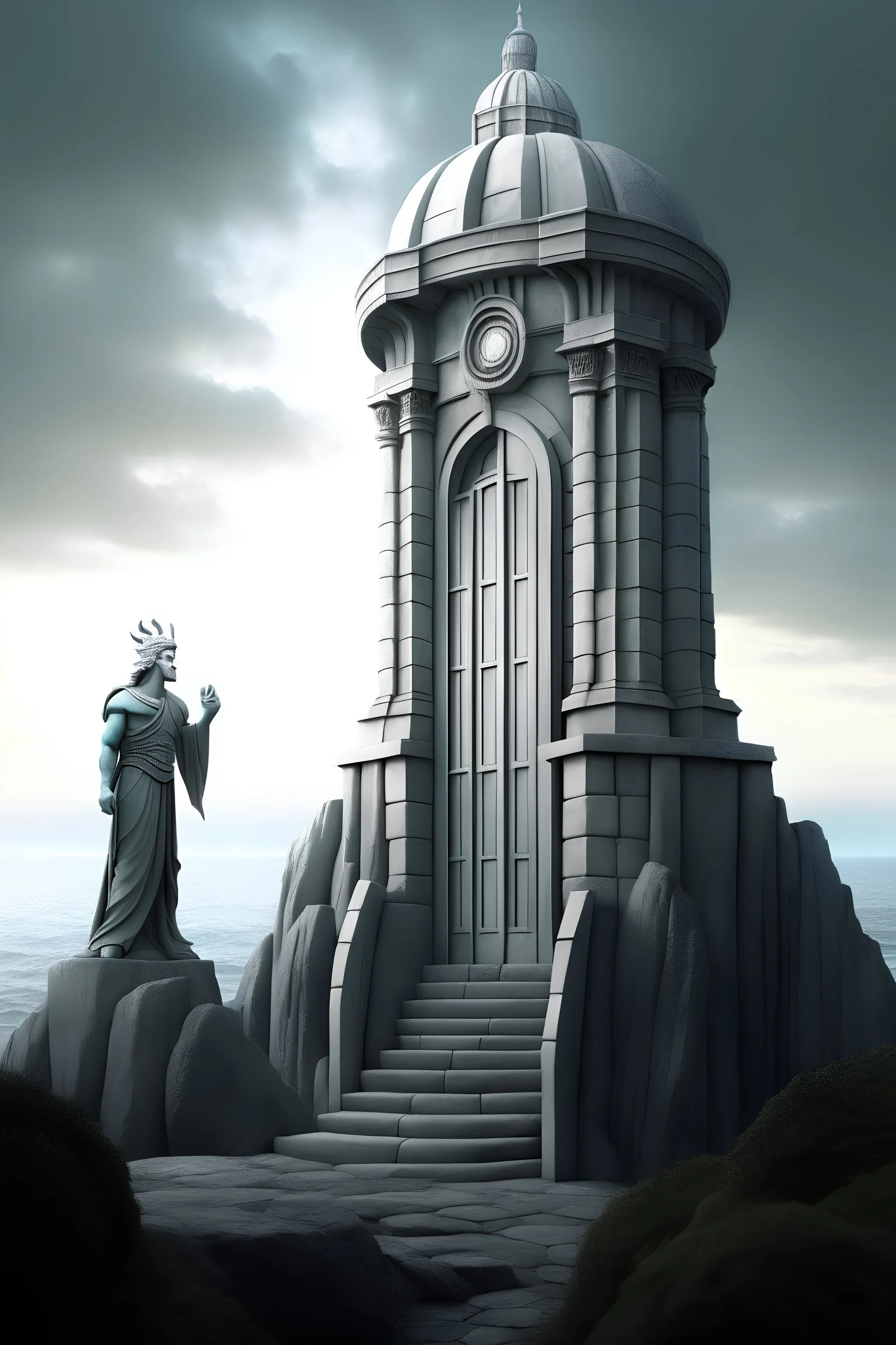 Mystische Statue aus Stein vor einem Fantasy Portal die einen alten Leuchtturmwärter zeigt