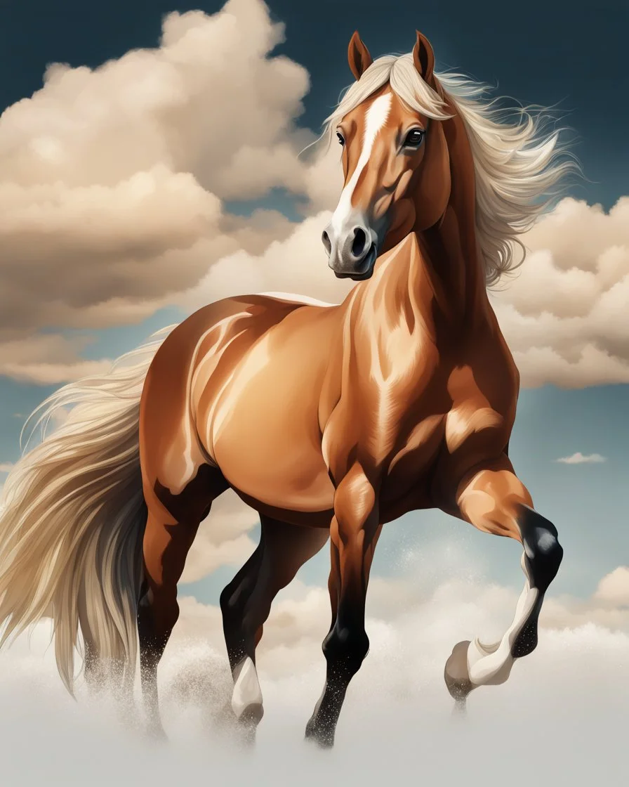 Dibujo animado de un caballo Palomino, calidad ultra, hiperdetallado, maximalista,, cielo con nubes pequeñas, 8 k