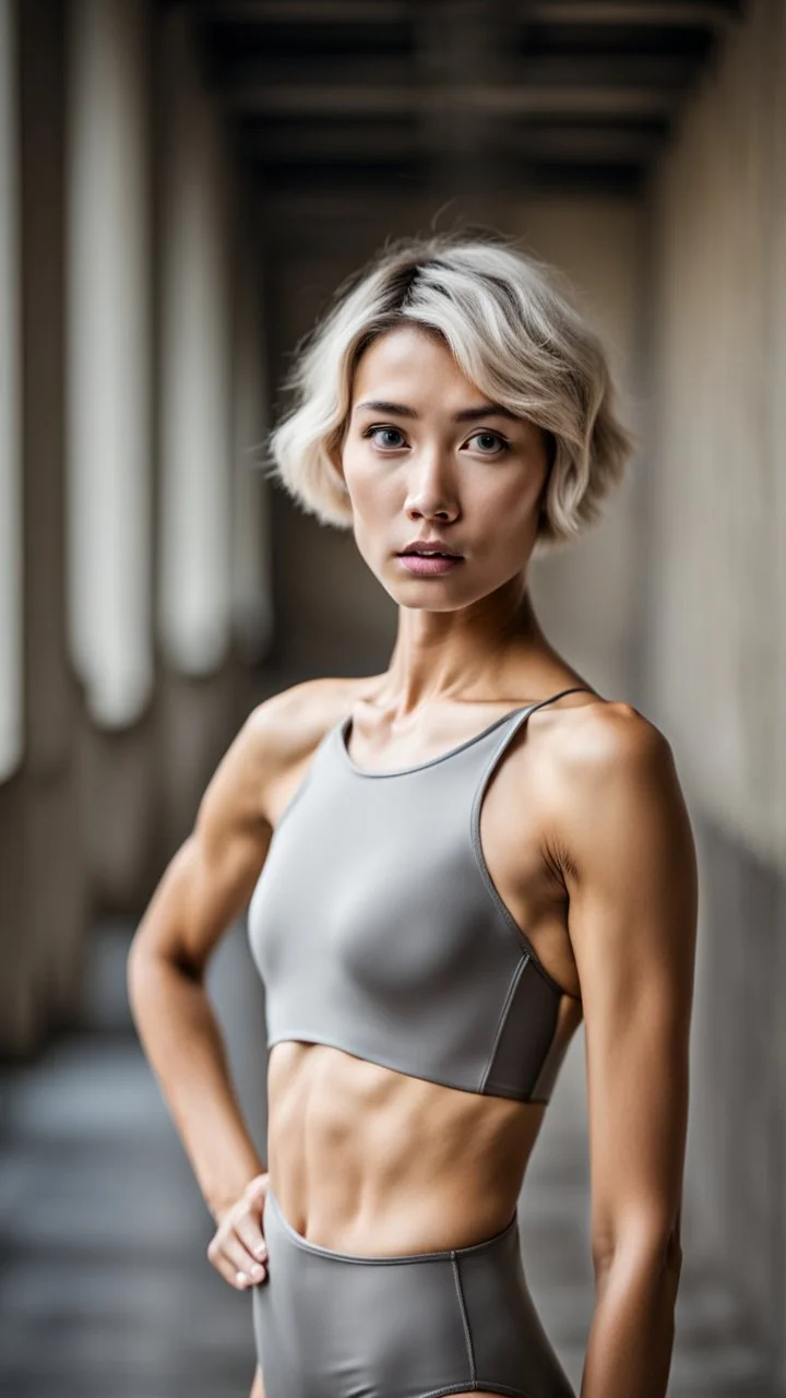 beautiful asian anorexic woman, total shot, short silver triathlon swimsuit, short blond wavy bob hair, blurred concrete background