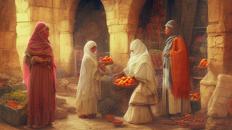 A full-length Palestinian girl wearing an embroidered dress and a white embroidered shawl buys oranges from an old seller wearing a keffiyeh in the market of Jerusalem, 100 years ago, at night with multi-colored lights reflecting on her.