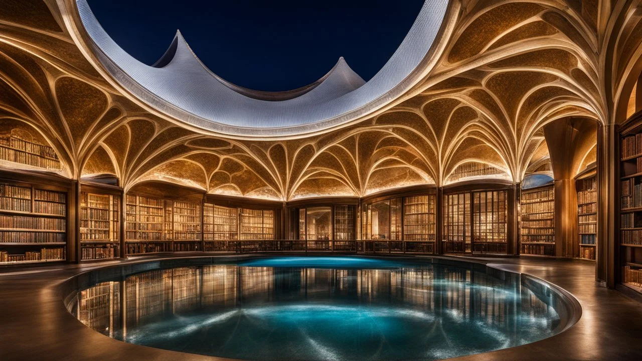 2084, delightful, sensitive, confident, undulating sinusoidal library with pointed hyperbolic roofs, delicate, night, darkness, water features, exquisite architecture, innovative design, award-winning photograph, beautiful composition, filled with beautiful detail, delicate colour, chiaroscuro