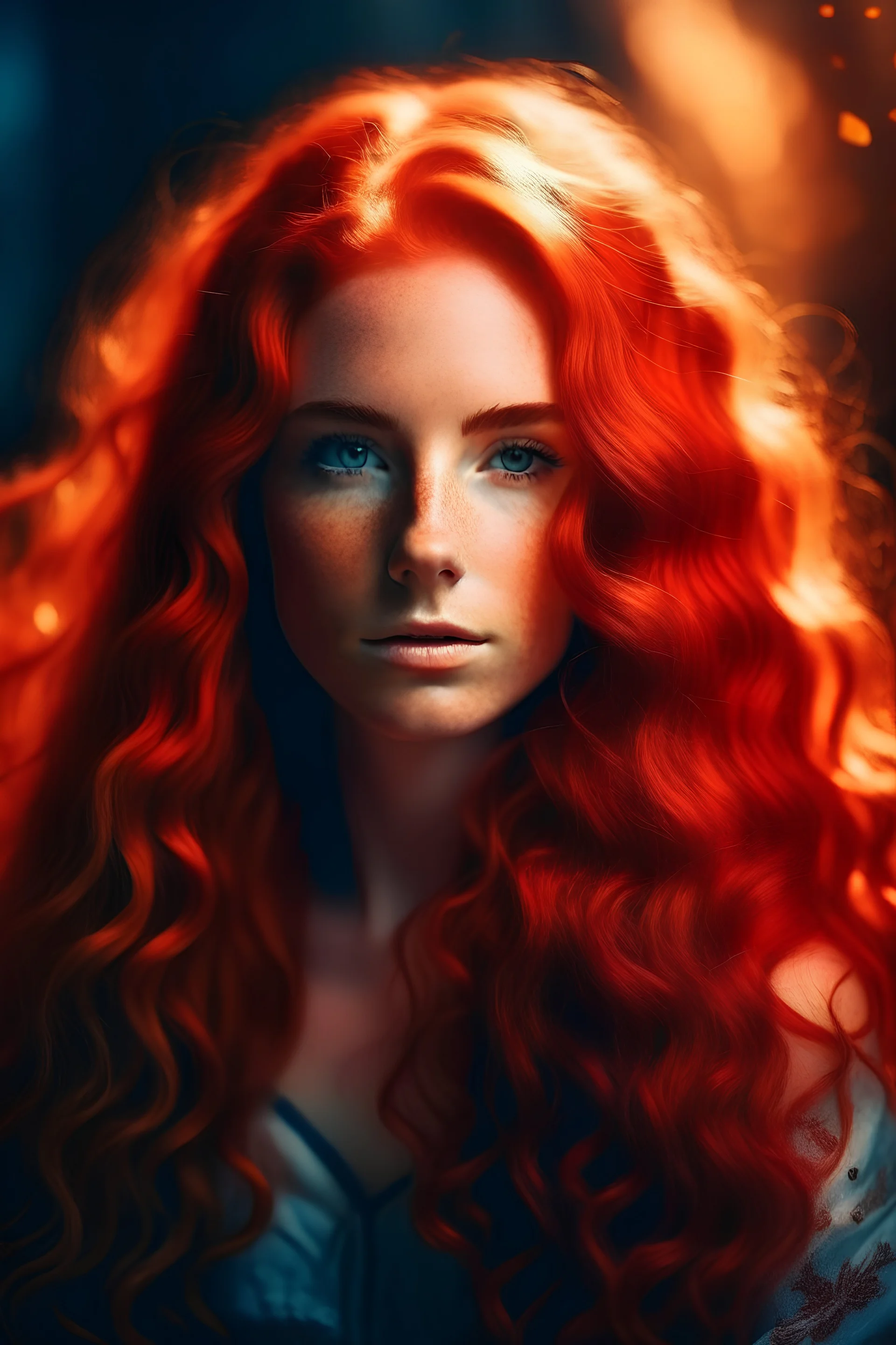 ((Close-up portrait)), (RAW Photo), Stunning portrait of the beautiful Queen of the Cosmos, with suntan skin, sitting on an Etheral Throne, ((Gorgeous Long Curly Red Hair:1.1)), Use warm tones and soft lighting.
