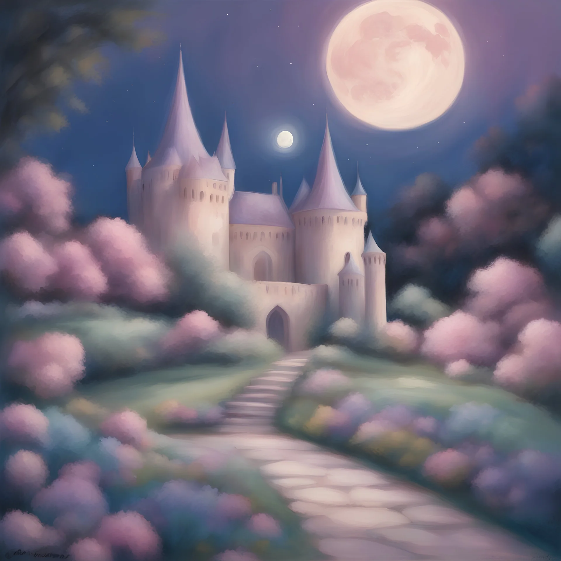 Serene painting of pastel palette illustration garden castle moonlight beautiful