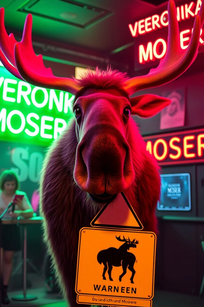 An big female moose with big eyes "Veronika Moser" performing at dance club, her name is "Moser" HAIRY FRUITS EVERYWERE On stage, Green Neon lights and smog, and "VERONIKA MOSER" big sign on the wall, "DU UND ICH UND MOSER" red plate sign, Swedish Yellow warning sign with moose