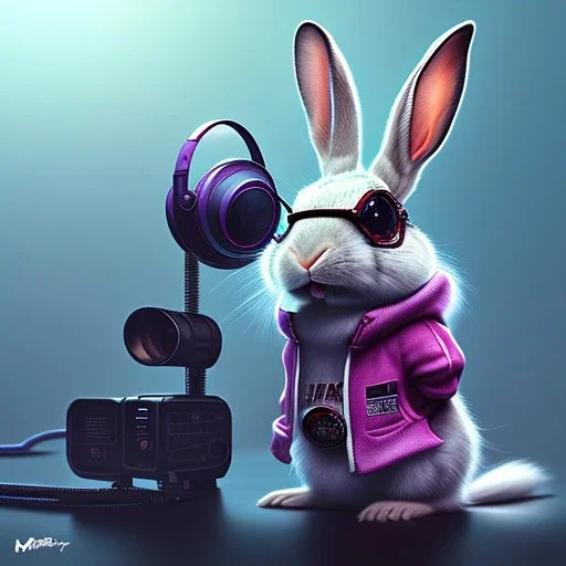 pixar style anamorphic cute rabbit baby, smiling, cyberpunk headphone, sunglass, gangsta gold neckless, full body, magenta puffer jacket, manila city backdrop, dramatic lighting, hyper realistic, unreal engine 5, 16k