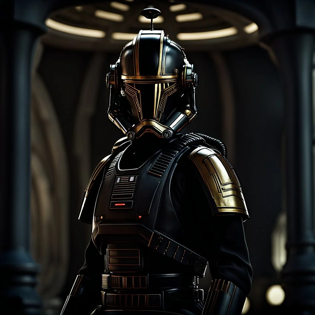 star wars bald male corellian pilot wearing gunmetal grey and black first order armored TIE pilot flightsuit and helmet with gold trim inside the jedi temple, centered head and shoulders portrait, hyperdetailed, dynamic lighting, hyperdetailed background, 8k resolution, volumetric lighting, light skin, fully symmetric details