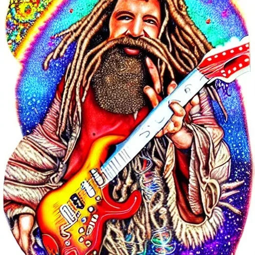 WOODSTOCK, hippie Santa playing electric guitar, psychedelic, peace sign, MUSHROOMS, TRIPPY, ACID, LSD, dreadlocks